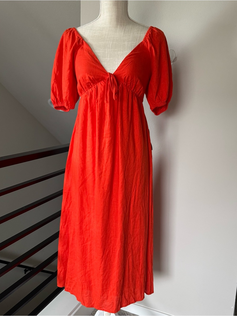 Lush Red orange Open Back Puff Sleeve Midi Dress Size S Linen NWT